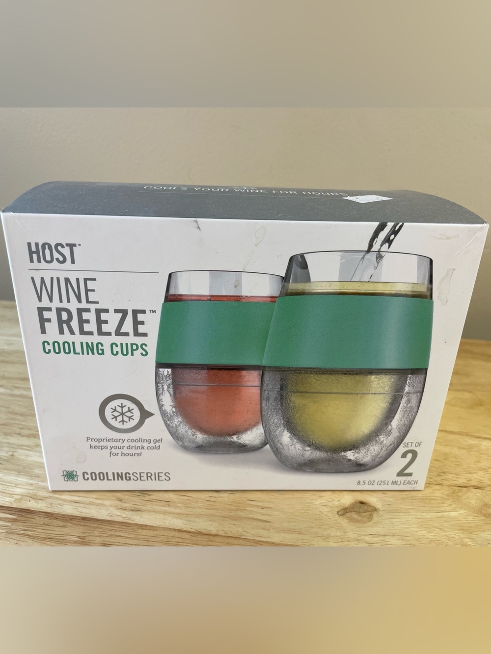 HOST Wine FREEZE Cooling Cups Set of 2 Green 8.5 oz New Sealed Box